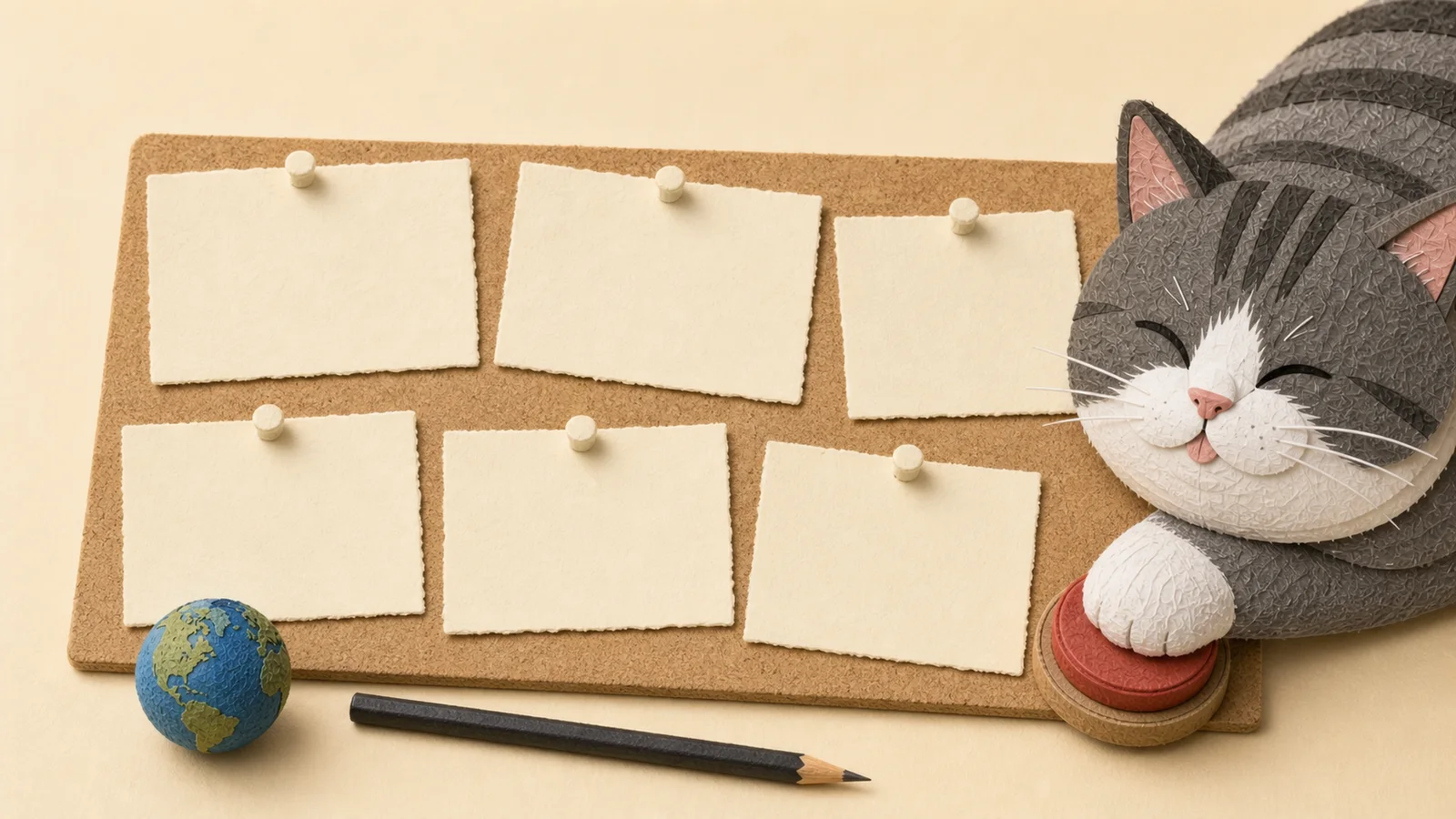 Six blank paper notes pinned to cork while the CATLAS cat presses a red approval stamp.