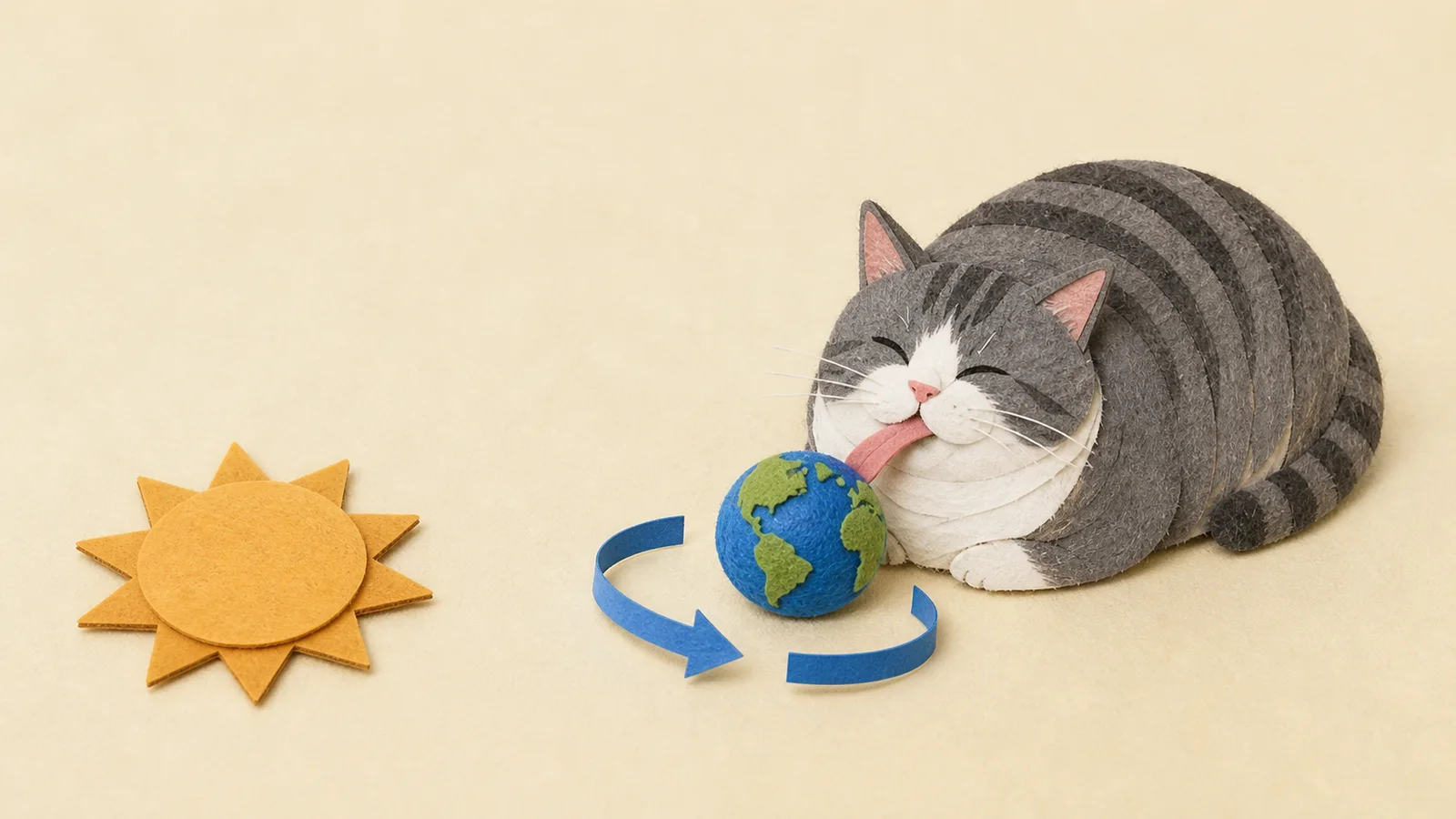 A felt cat uses its tongue to turn a small paper Earth between blue rotation arrows.