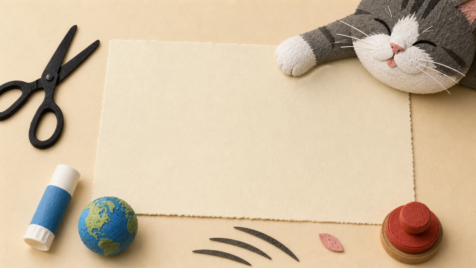 A handmade meme-making desk with a blank paper sheet, scissors, glue, Earth, tabby stripes and the CATLAS cat.