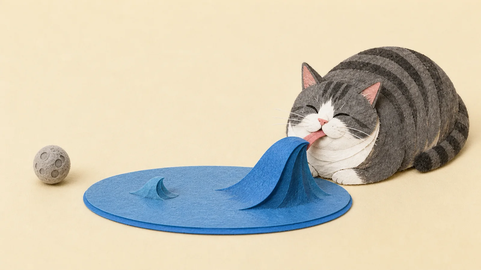 The cat's tongue raises one giant folded-paper ocean wave while a tiny Moon watches.