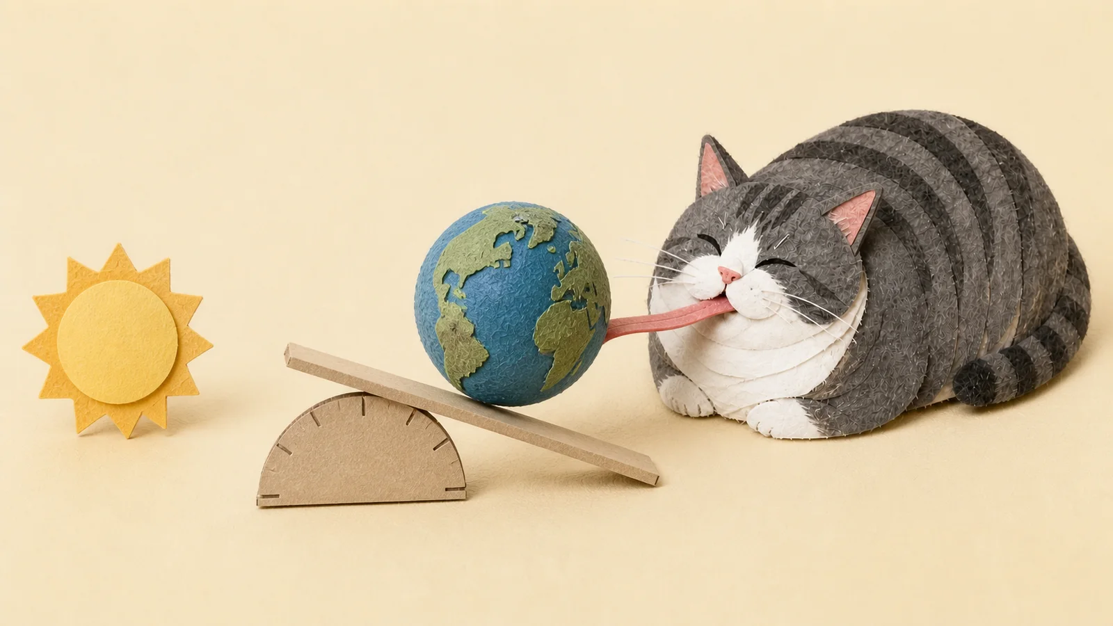 The cat props up a paper Earth on a tilted cardboard lever with its tongue.