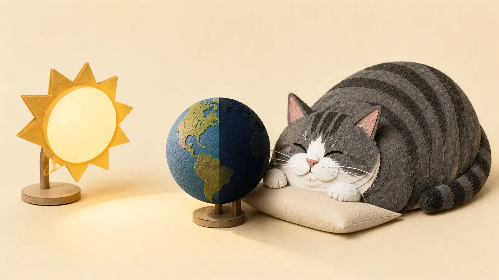 A sleeping felt cat blocks a paper sun so half of Earth becomes night.