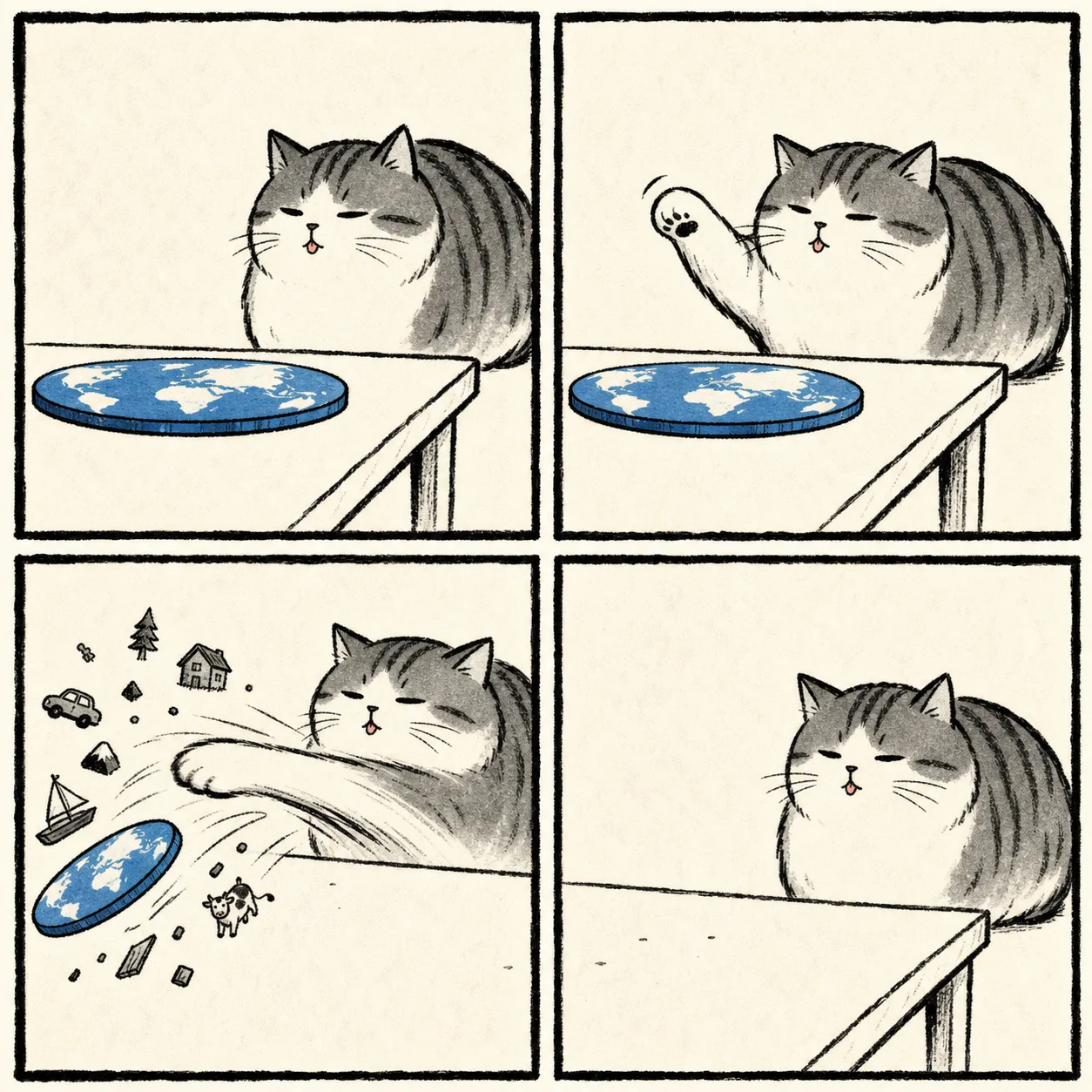 A four-panel ink comic of a cat pushing a flat Earth disc off a table.