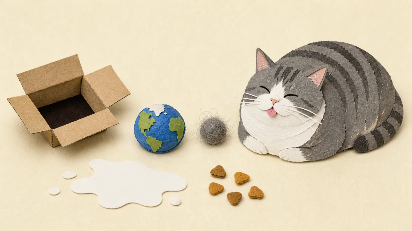 A handmade paper universe with the gray cat, a toy Earth, a cardboard-box black hole, spilled milk, kibble asteroids and a hairball Moon.