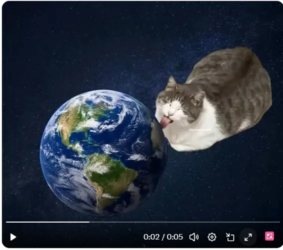 Video frame of a large gray-and-white cat licking Earth in space.